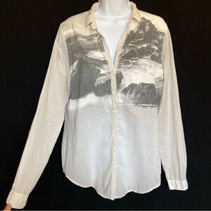European Culture Long Sleeve Sheer Button Up Blouse, Sz S